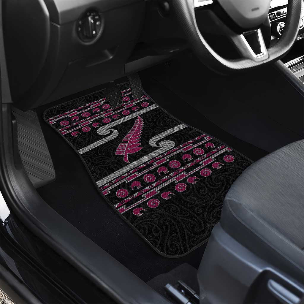 New Zealand Christmas Car Mats Meri Kirihimete Silver Fern Knit Style Pink Color - Polynesian Pride