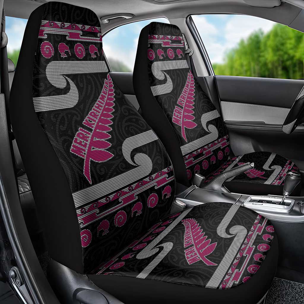 New Zealand Christmas Car Seat Cover Meri Kirihimete Silver Fern Knit Style Pink Color - Polynesian Pride