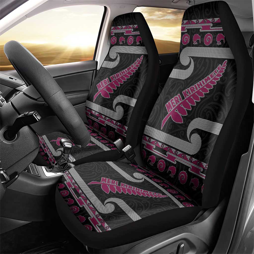 New Zealand Christmas Car Seat Cover Meri Kirihimete Silver Fern Knit Style Pink Color - Polynesian Pride
