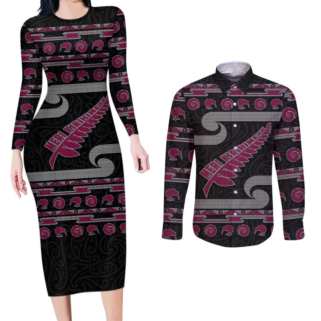 New Zealand Christmas Couples Matching Long Sleeve Bodycon Dress and Long Sleeve Button Shirt Meri Kirihimete Silver Fern Knit Style Pink Color LT03 Pink - Polynesian Pride
