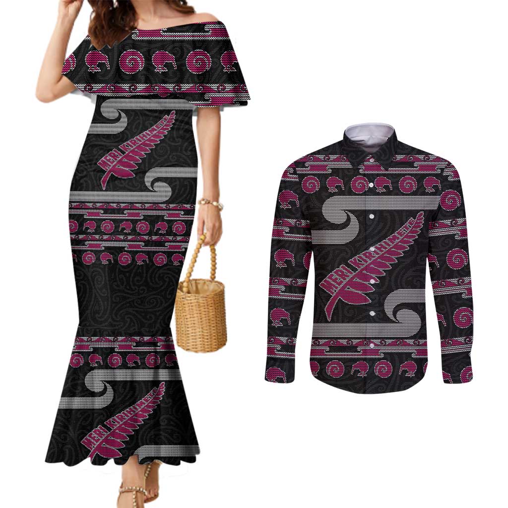 New Zealand Christmas Couples Matching Mermaid Dress and Long Sleeve Button Shirt Meri Kirihimete Silver Fern Knit Style Pink Color LT03 Pink - Polynesian Pride