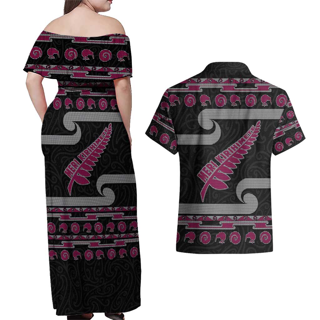 New Zealand Christmas Couples Matching Off Shoulder Maxi Dress and Hawaiian Shirt Meri Kirihimete Silver Fern Knit Style Pink Color - Polynesian Pride