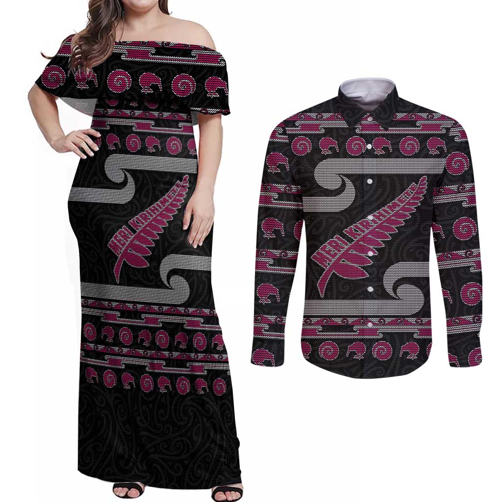 New Zealand Christmas Couples Matching Off Shoulder Maxi Dress and Long Sleeve Button Shirt Meri Kirihimete Silver Fern Knit Style Pink Color - Polynesian Pride