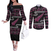 New Zealand Christmas Couples Matching Off The Shoulder Long Sleeve Dress and Long Sleeve Button Shirt Meri Kirihimete Silver Fern Knit Style Pink Color LT03 Pink - Polynesian Pride