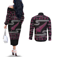 New Zealand Christmas Couples Matching Off The Shoulder Long Sleeve Dress and Long Sleeve Button Shirt Meri Kirihimete Silver Fern Knit Style Pink Color LT03 - Polynesian Pride