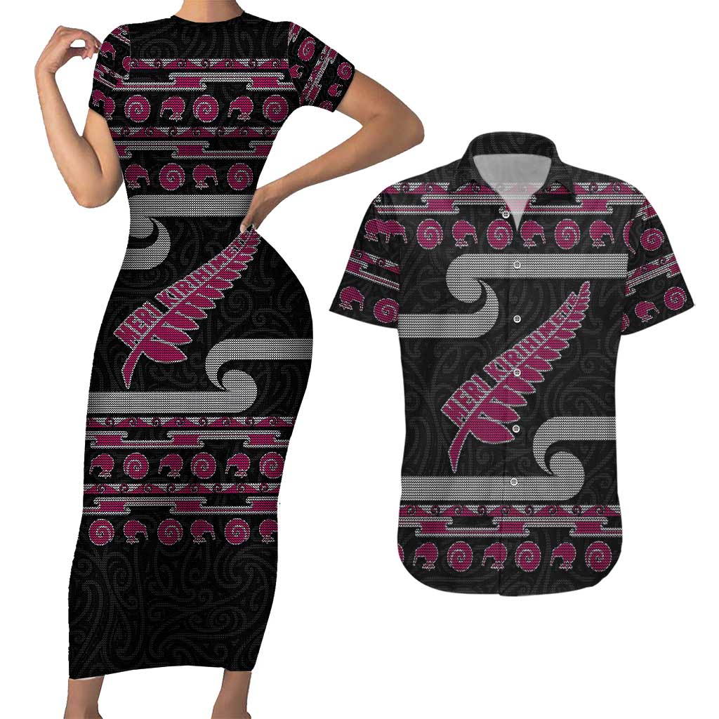 New Zealand Christmas Couples Matching Short Sleeve Bodycon Dress and Hawaiian Shirt Meri Kirihimete Silver Fern Knit Style Pink Color - Polynesian Pride