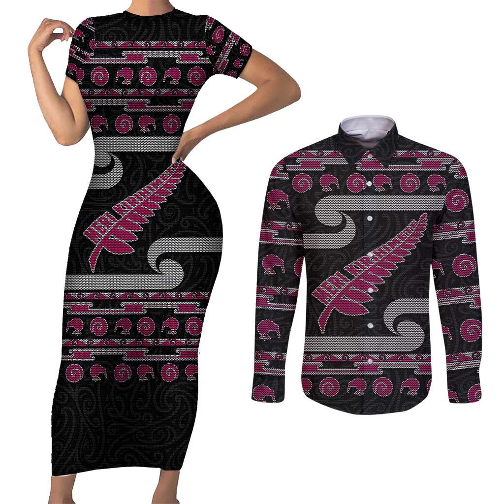 New Zealand Christmas Couples Matching Short Sleeve Bodycon Dress and Long Sleeve Button Shirt Meri Kirihimete Silver Fern Knit Style Pink Color LT03 Pink - Polynesian Pride