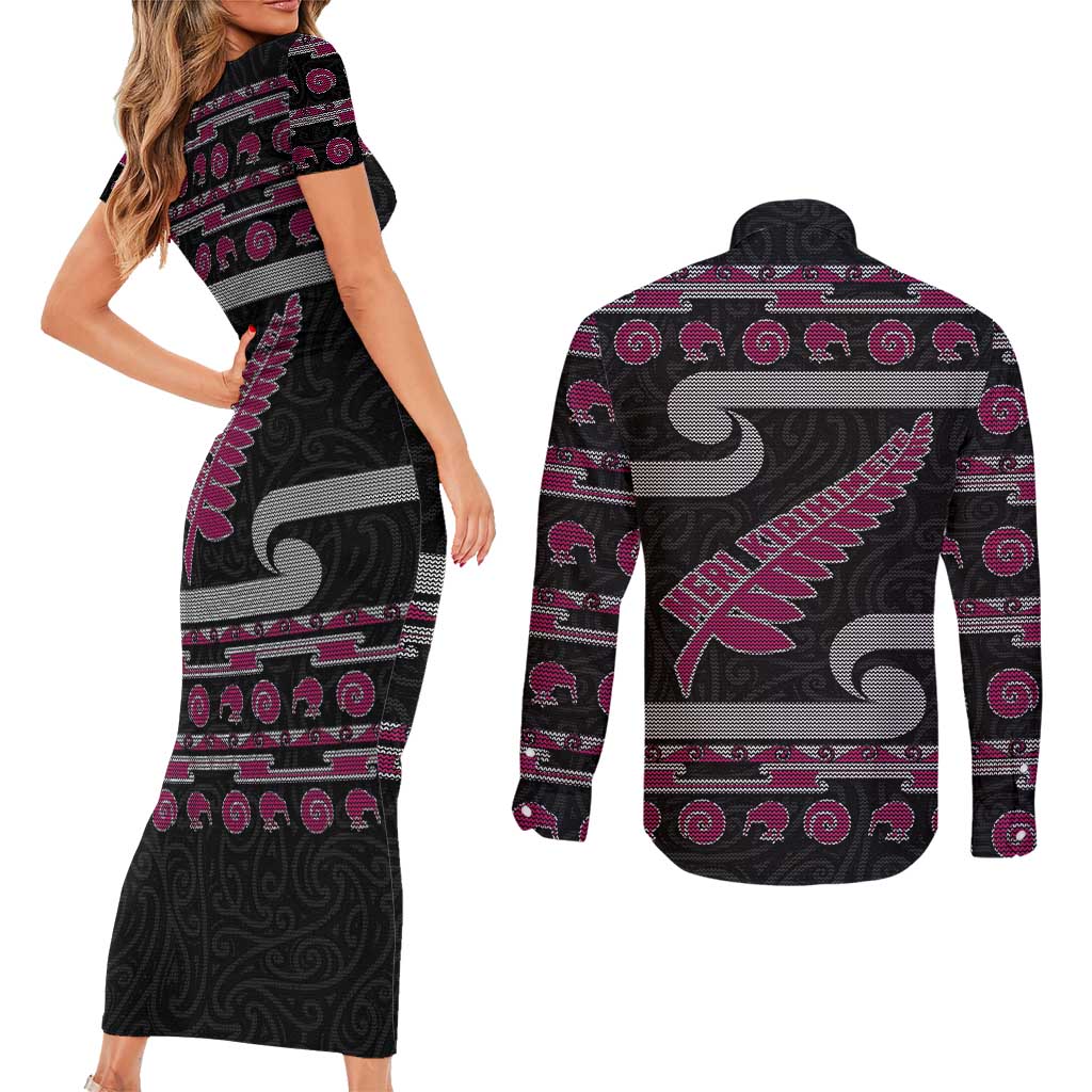 New Zealand Christmas Couples Matching Short Sleeve Bodycon Dress and Long Sleeve Button Shirt Meri Kirihimete Silver Fern Knit Style Pink Color LT03 - Polynesian Pride