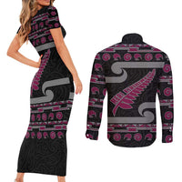 New Zealand Christmas Couples Matching Short Sleeve Bodycon Dress and Long Sleeve Button Shirt Meri Kirihimete Silver Fern Knit Style Pink Color LT03 - Polynesian Pride