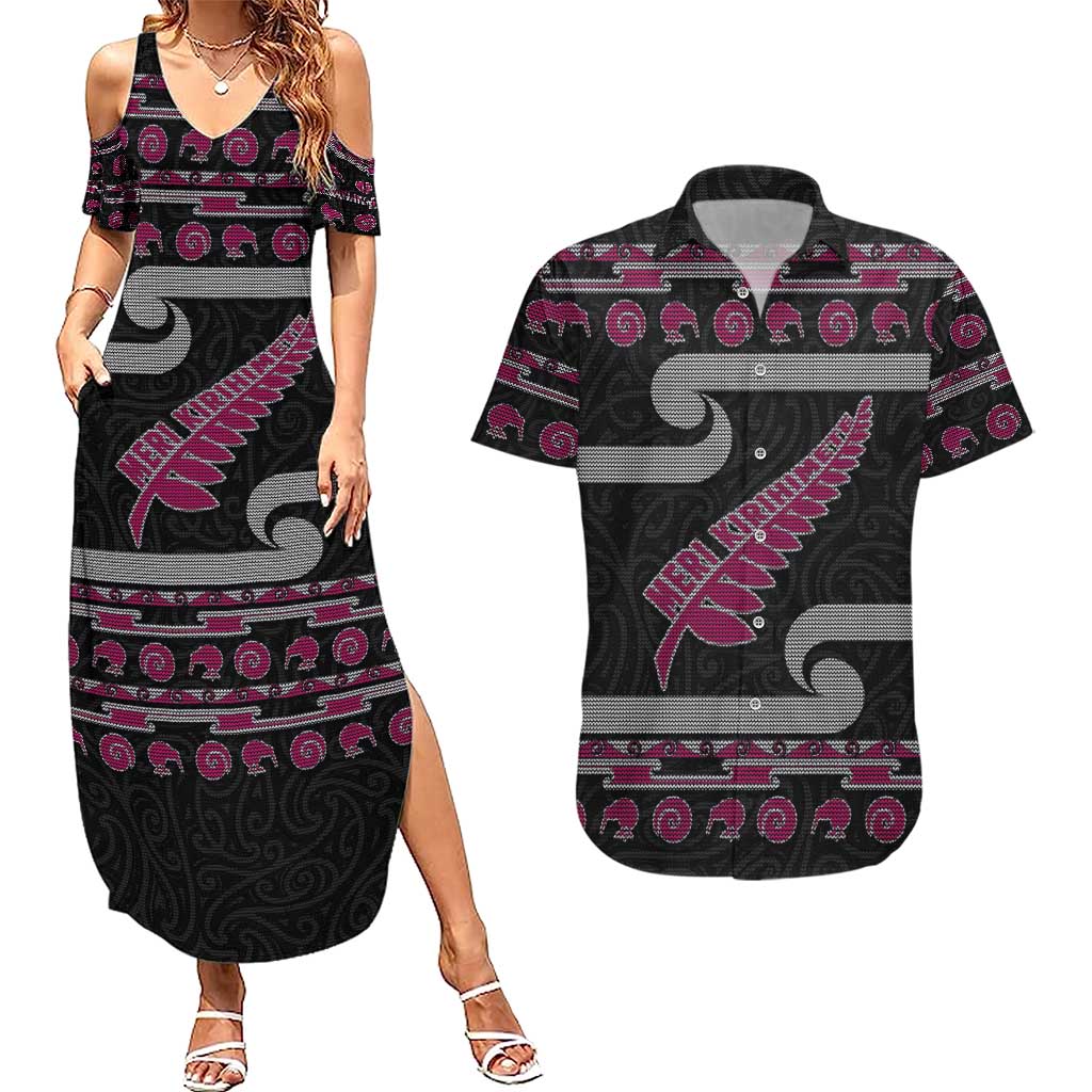 New Zealand Christmas Couples Matching Summer Maxi Dress and Hawaiian Shirt Meri Kirihimete Silver Fern Knit Style Pink Color - Polynesian Pride