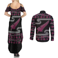 New Zealand Christmas Couples Matching Summer Maxi Dress and Long Sleeve Button Shirt Meri Kirihimete Silver Fern Knit Style Pink Color LT03 - Polynesian Pride