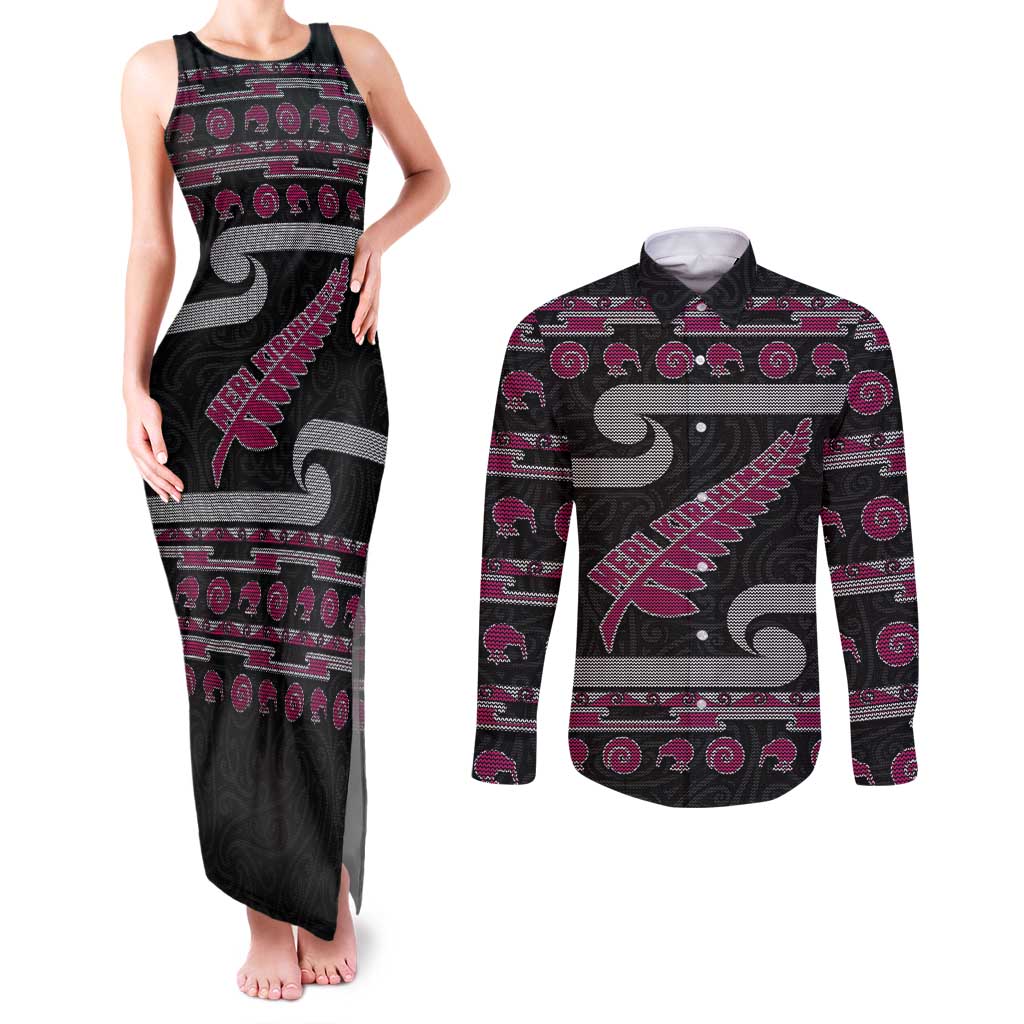 New Zealand Christmas Couples Matching Tank Maxi Dress and Long Sleeve Button Shirt Meri Kirihimete Silver Fern Knit Style Pink Color LT03 Pink - Polynesian Pride