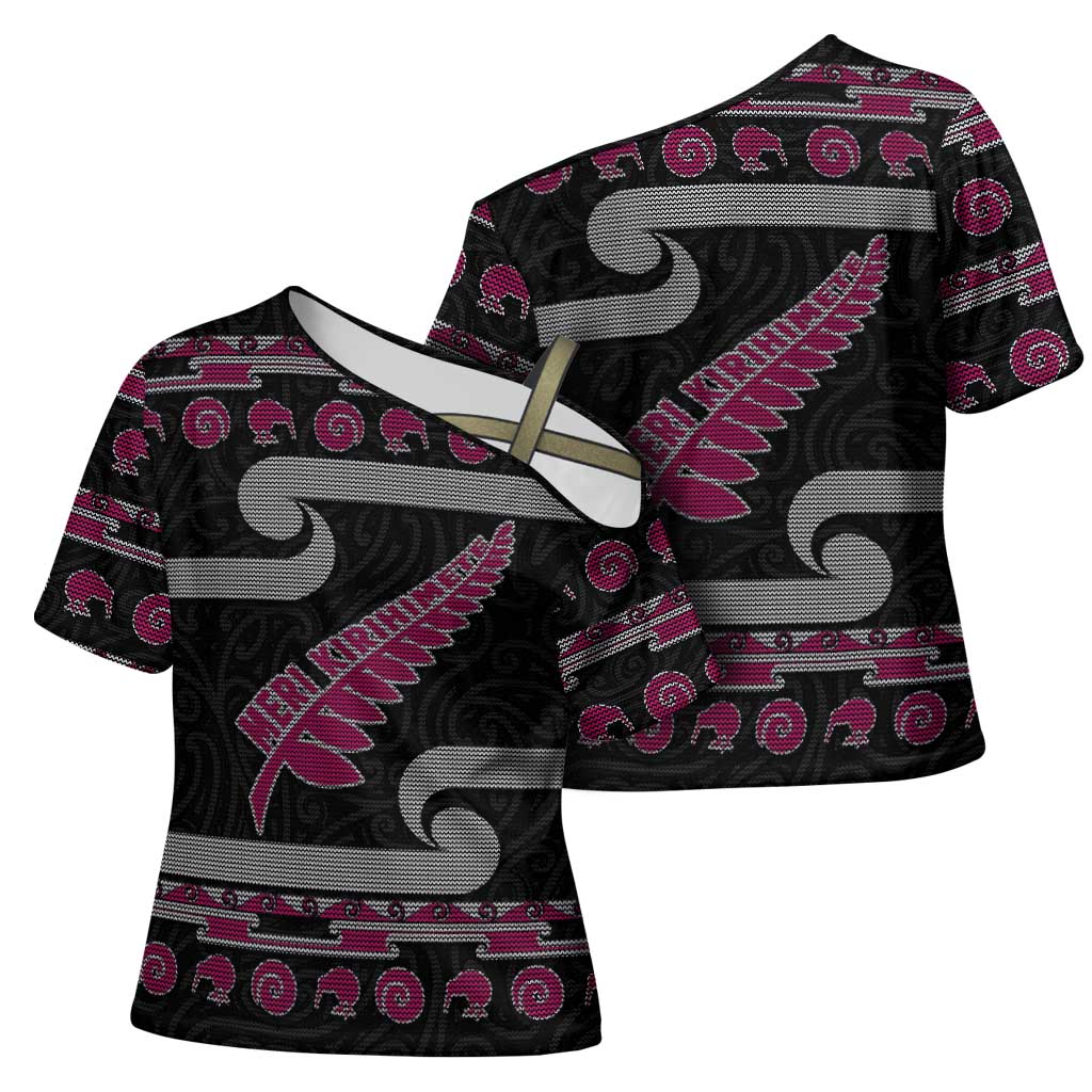 New Zealand Christmas Cross Shoulder Shirt Meri Kirihimete Silver Fern Knit Style Pink Color - Polynesian Pride