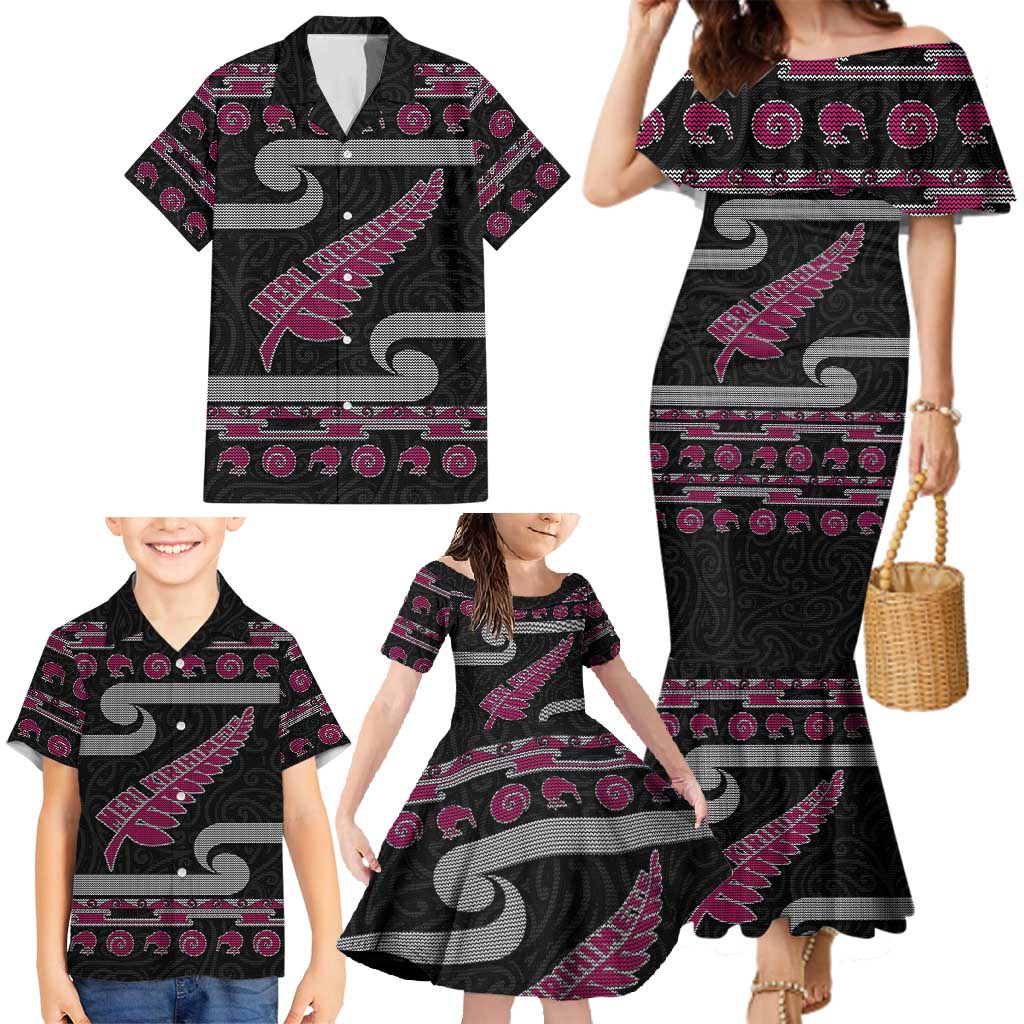 New Zealand Christmas Family Matching Mermaid Dress and Hawaiian Shirt Meri Kirihimete Silver Fern Knit Style Pink Color - Polynesian Pride