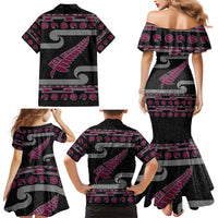 New Zealand Christmas Family Matching Mermaid Dress and Hawaiian Shirt Meri Kirihimete Silver Fern Knit Style Pink Color - Polynesian Pride