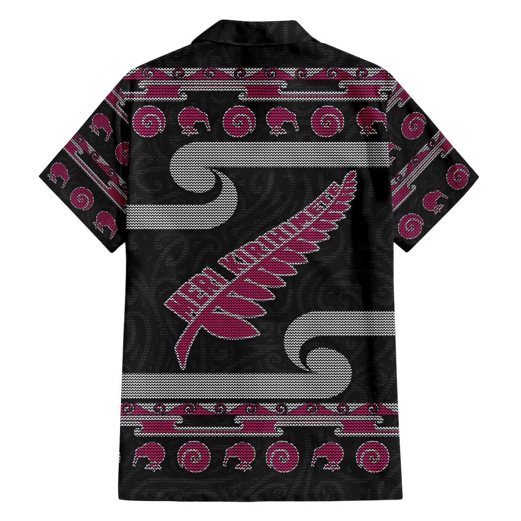 New Zealand Christmas Family Matching Off Shoulder Maxi Dress and Hawaiian Shirt Meri Kirihimete Silver Fern Knit Style Pink Color - Polynesian Pride