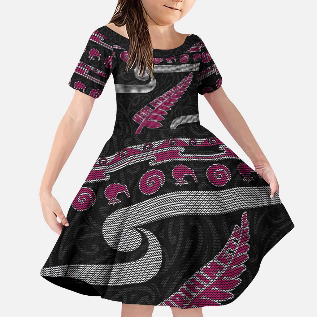 New Zealand Christmas Family Matching Puletasi and Hawaiian Shirt Meri Kirihimete Silver Fern Knit Style Pink Color LT03 Daughter's Dress Pink - Polynesian Pride