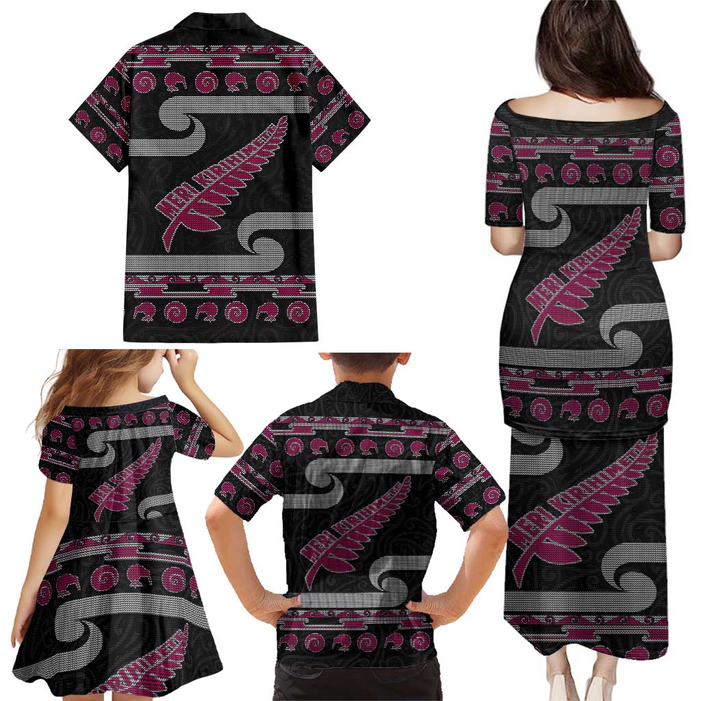 New Zealand Christmas Family Matching Puletasi and Hawaiian Shirt Meri Kirihimete Silver Fern Knit Style Pink Color LT03 - Polynesian Pride
