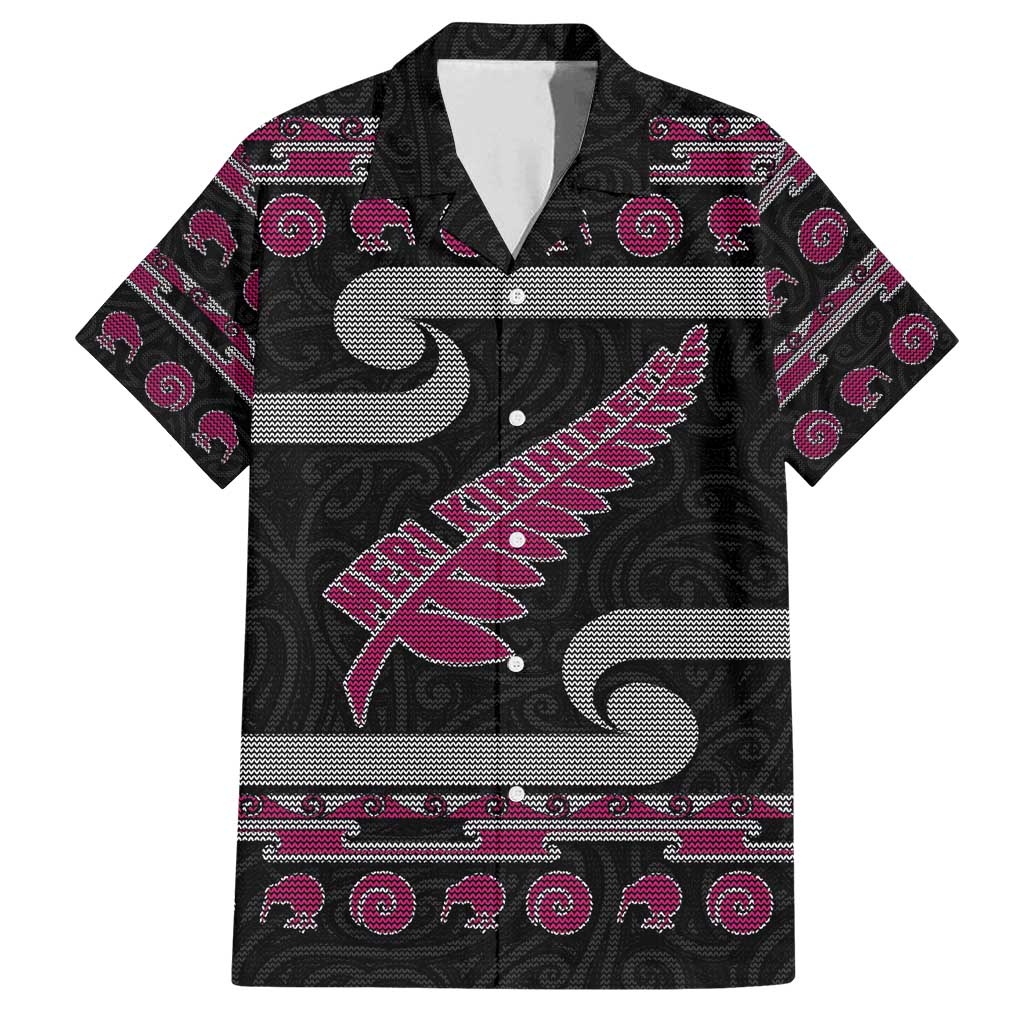 New Zealand Christmas Family Matching Puletasi and Hawaiian Shirt Meri Kirihimete Silver Fern Knit Style Pink Color LT03 Dad's Shirt - Short Sleeve Pink - Polynesian Pride
