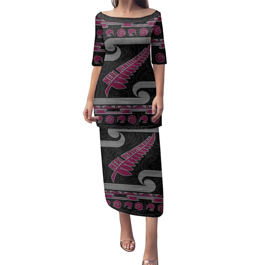 New Zealand Christmas Family Matching Puletasi and Hawaiian Shirt Meri Kirihimete Silver Fern Knit Style Pink Color LT03 Mom's Dress Pink - Polynesian Pride