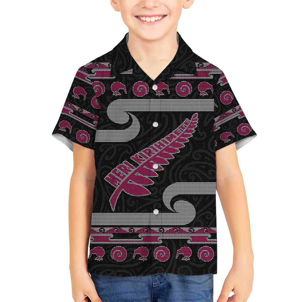 New Zealand Christmas Family Matching Puletasi and Hawaiian Shirt Meri Kirihimete Silver Fern Knit Style Pink Color LT03 Son's Shirt Pink - Polynesian Pride