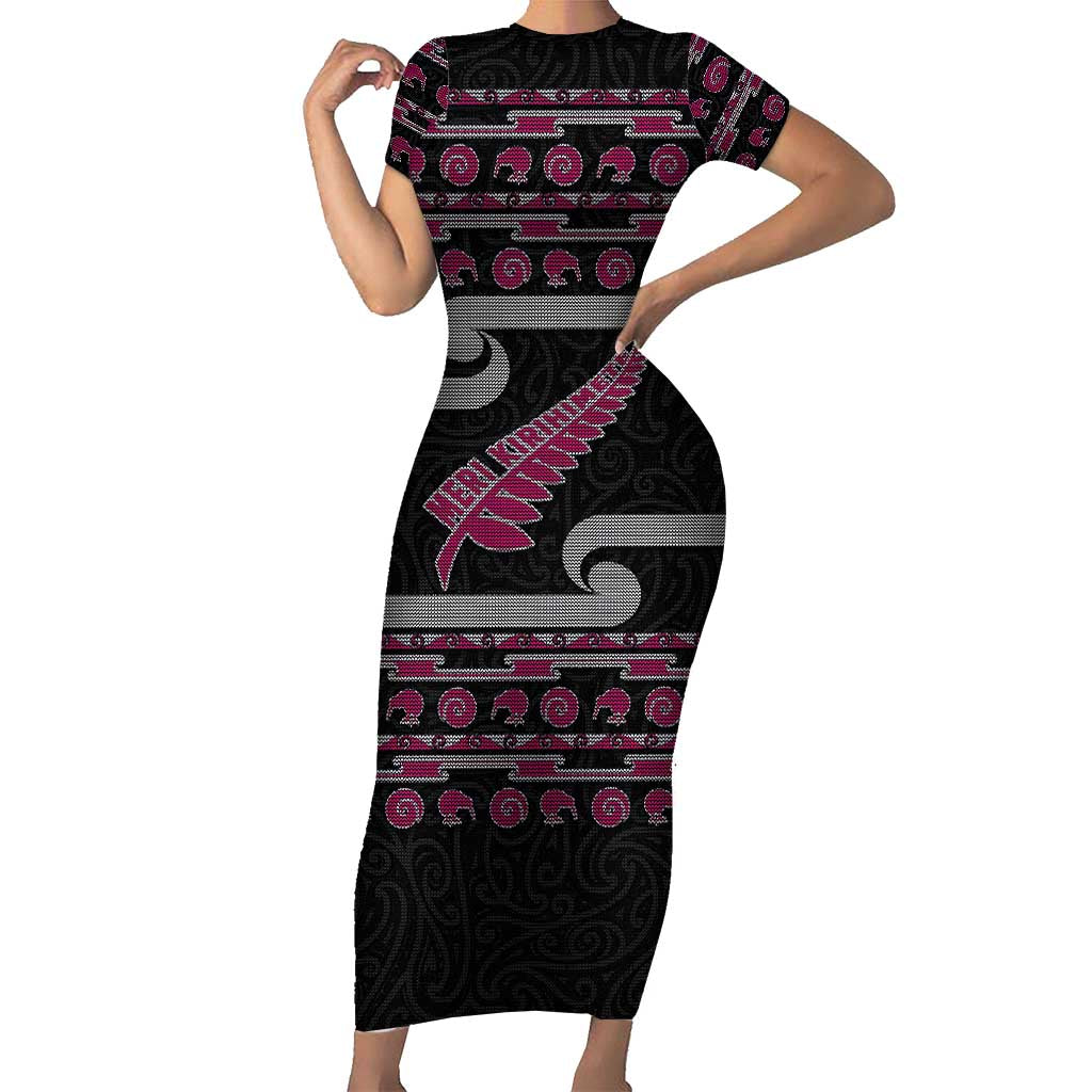 New Zealand Christmas Family Matching Short Sleeve Bodycon Dress and Hawaiian Shirt Meri Kirihimete Silver Fern Knit Style Pink Color - Polynesian Pride
