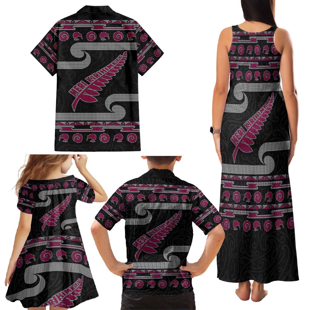 New Zealand Christmas Family Matching Tank Maxi Dress and Hawaiian Shirt Meri Kirihimete Silver Fern Knit Style Pink Color - Polynesian Pride