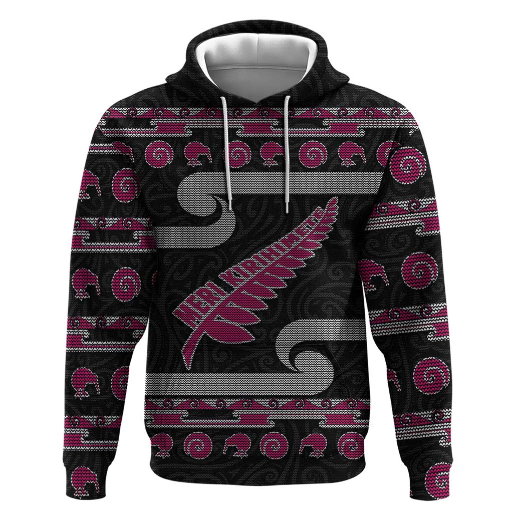 New Zealand Christmas Hoodie Meri Kirihimete Silver Fern Knit Style Pink Color - Polynesian Pride