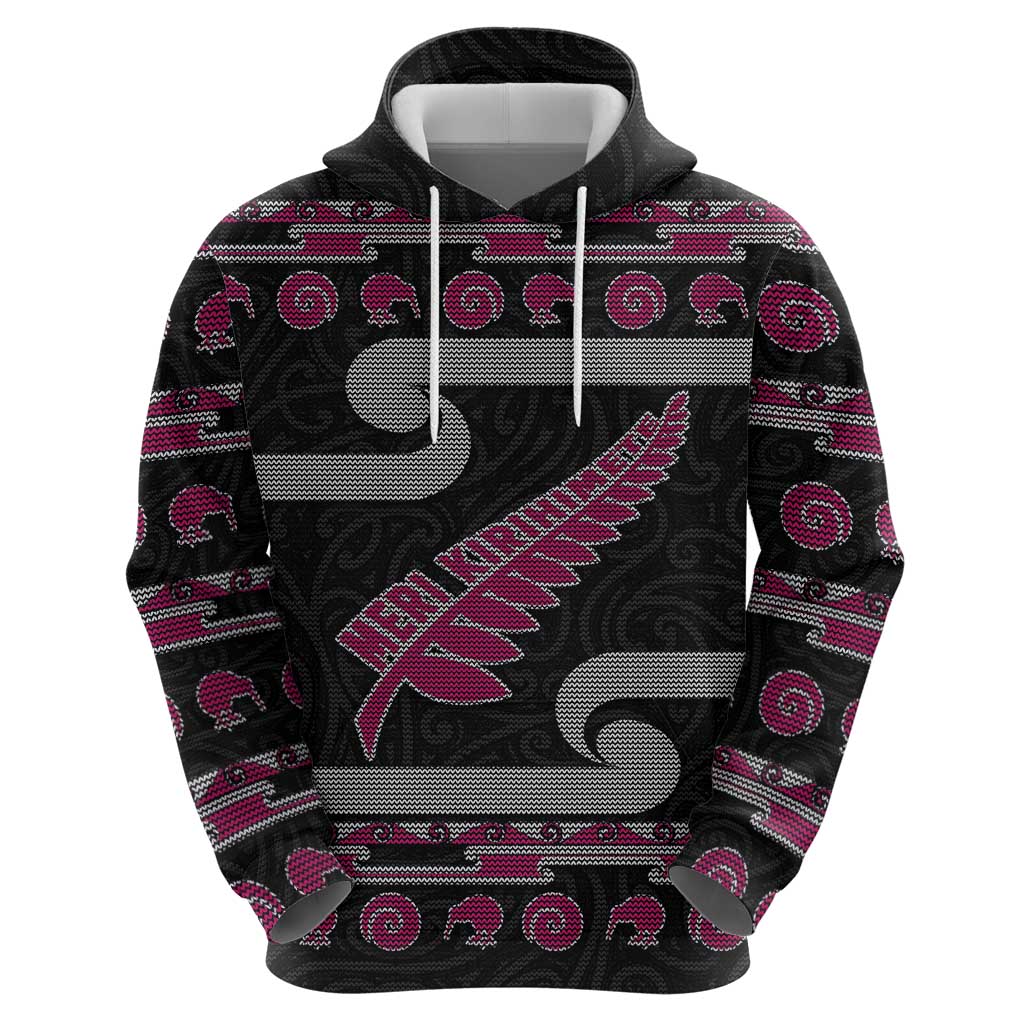 New Zealand Christmas Hoodie Meri Kirihimete Silver Fern Knit Style Pink Color - Polynesian Pride