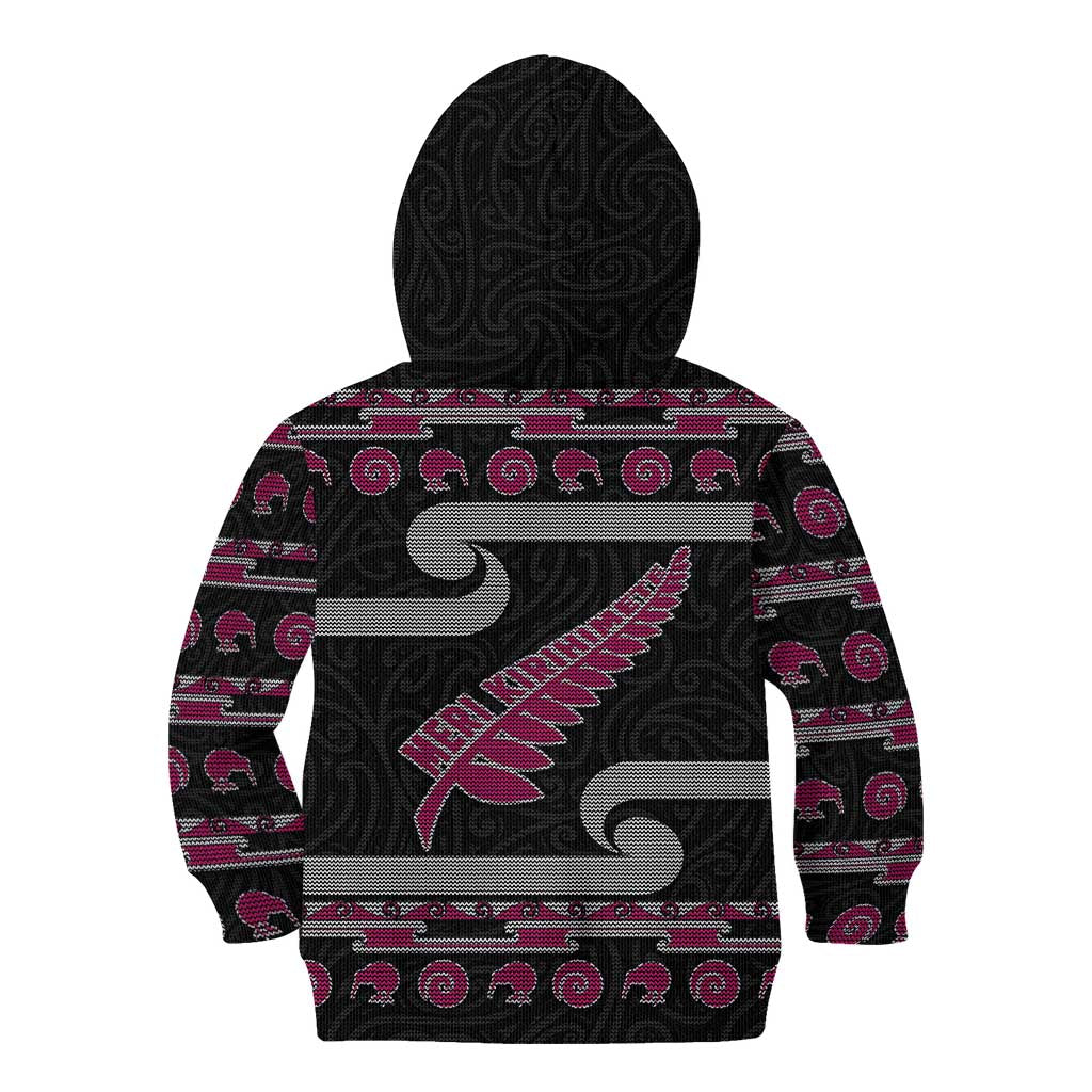 New Zealand Christmas Kid Hoodie Meri Kirihimete Silver Fern Knit Style Pink Color - Polynesian Pride