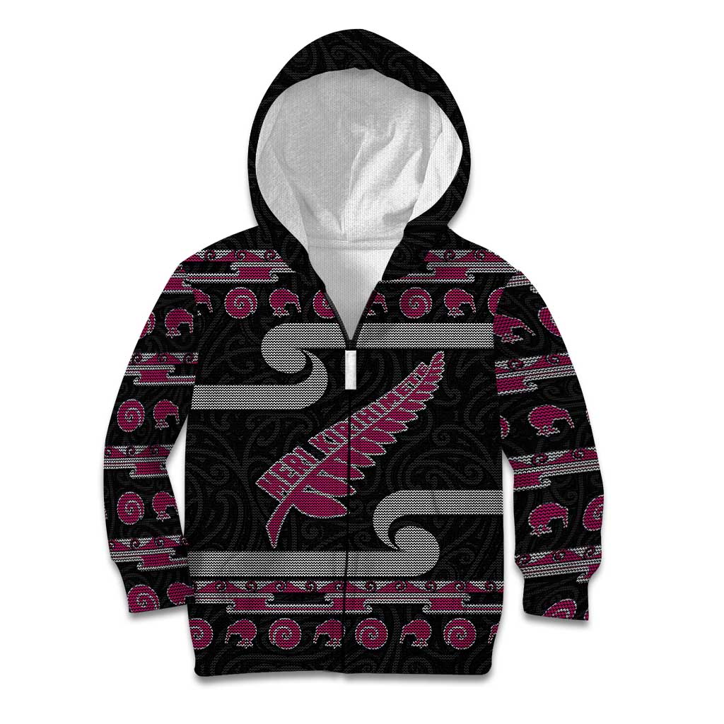 New Zealand Christmas Kid Hoodie Meri Kirihimete Silver Fern Knit Style Pink Color - Polynesian Pride