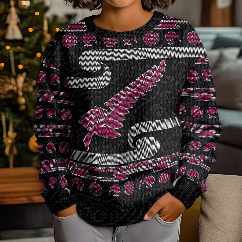 New Zealand Christmas Kid Ugly Christmas Sweater Meri Kirihimete Silver Fern Knit Style Pink Color LT03 - Polynesian Pride