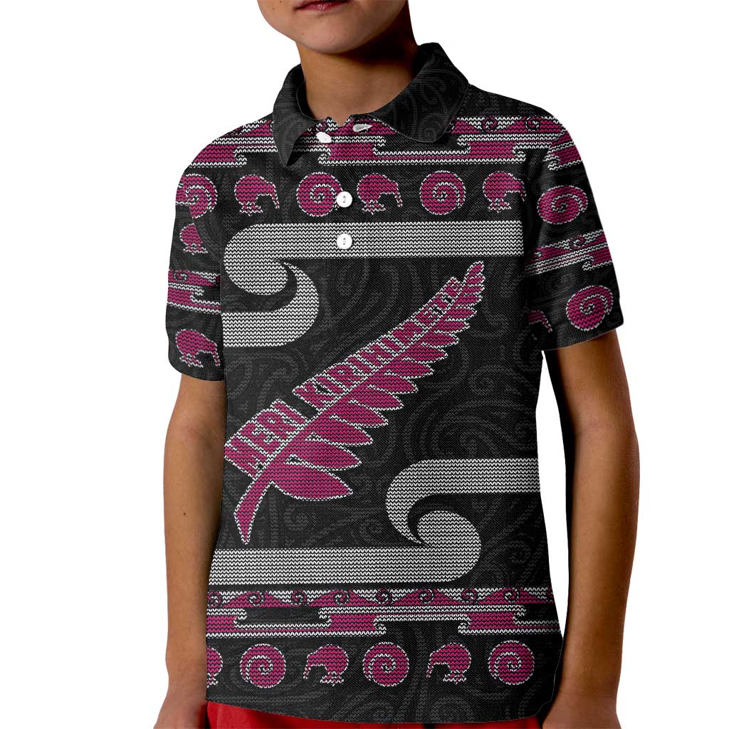 New Zealand Christmas Kid Polo Shirt Meri Kirihimete Silver Fern Knit Style Pink Color - Polynesian Pride