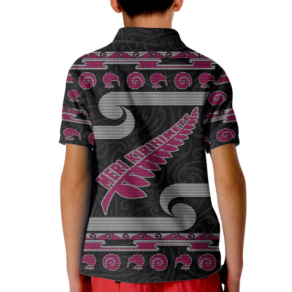 New Zealand Christmas Kid Polo Shirt Meri Kirihimete Silver Fern Knit Style Pink Color - Polynesian Pride