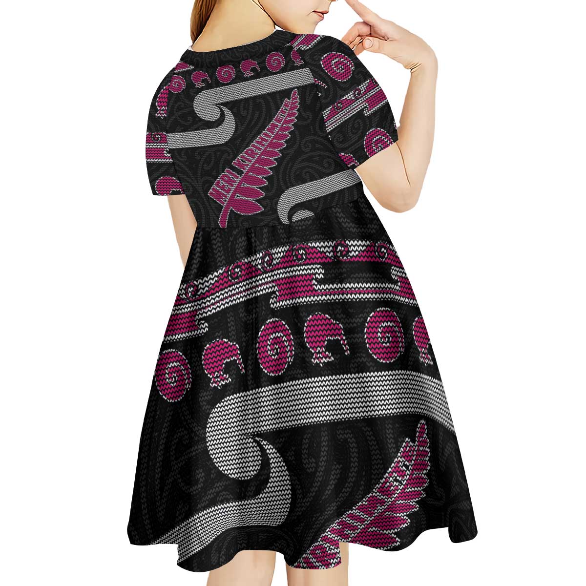 New Zealand Christmas Kid Short Sleeve Dress Meri Kirihimete Silver Fern Knit Style Pink Color - Polynesian Pride