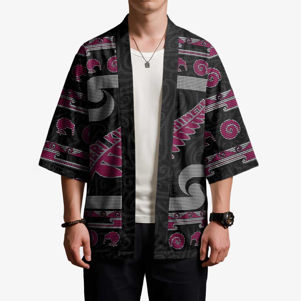 New Zealand Christmas Kimono Meri Kirihimete Silver Fern Knit Style Pink Color - Polynesian Pride