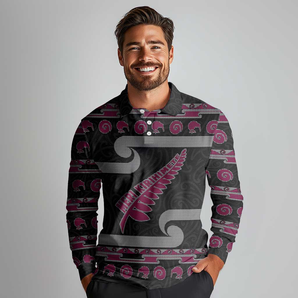 New Zealand Christmas Long Sleeve Polo Shirt Meri Kirihimete Silver Fern Knit Style Pink Color LT03 - Polynesian Pride
