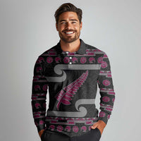 New Zealand Christmas Long Sleeve Polo Shirt Meri Kirihimete Silver Fern Knit Style Pink Color LT03 - Polynesian Pride