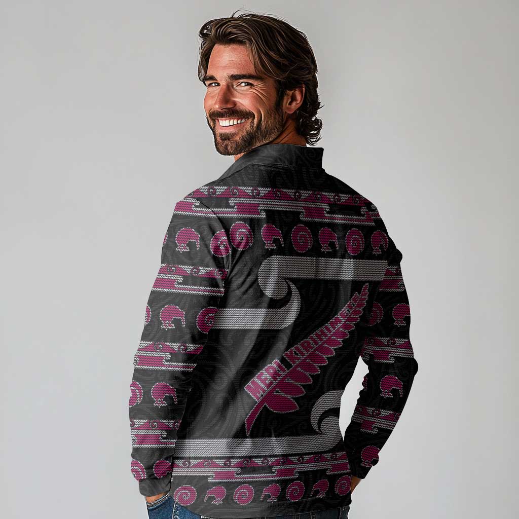 New Zealand Christmas Long Sleeve Polo Shirt Meri Kirihimete Silver Fern Knit Style Pink Color LT03 - Polynesian Pride