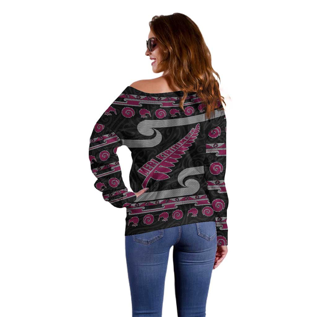 New Zealand Christmas Off Shoulder Sweater Meri Kirihimete Silver Fern Knit Style Pink Color - Polynesian Pride