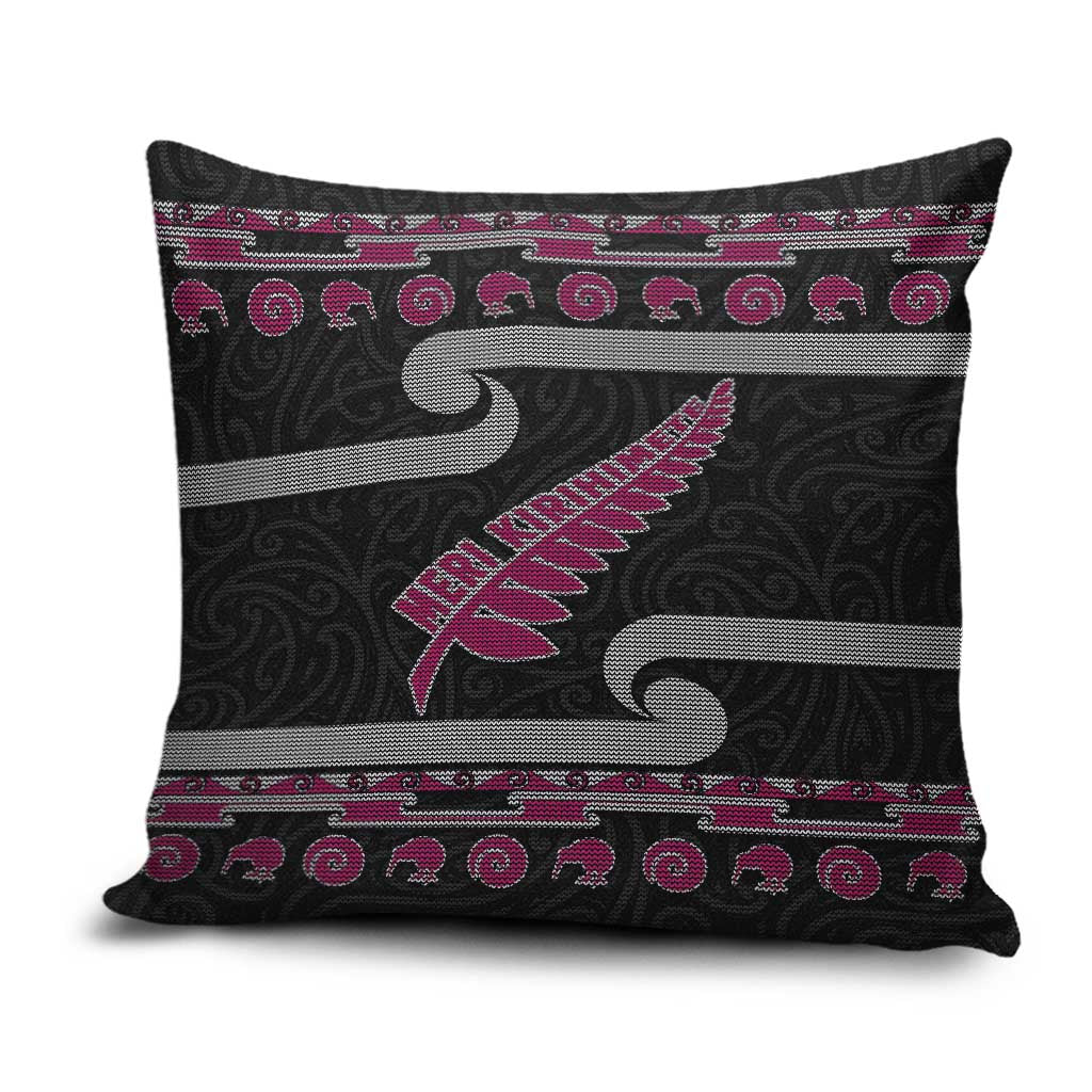 New Zealand Christmas Pillow Cover Meri Kirihimete Silver Fern Knit Style Pink Color - Polynesian Pride