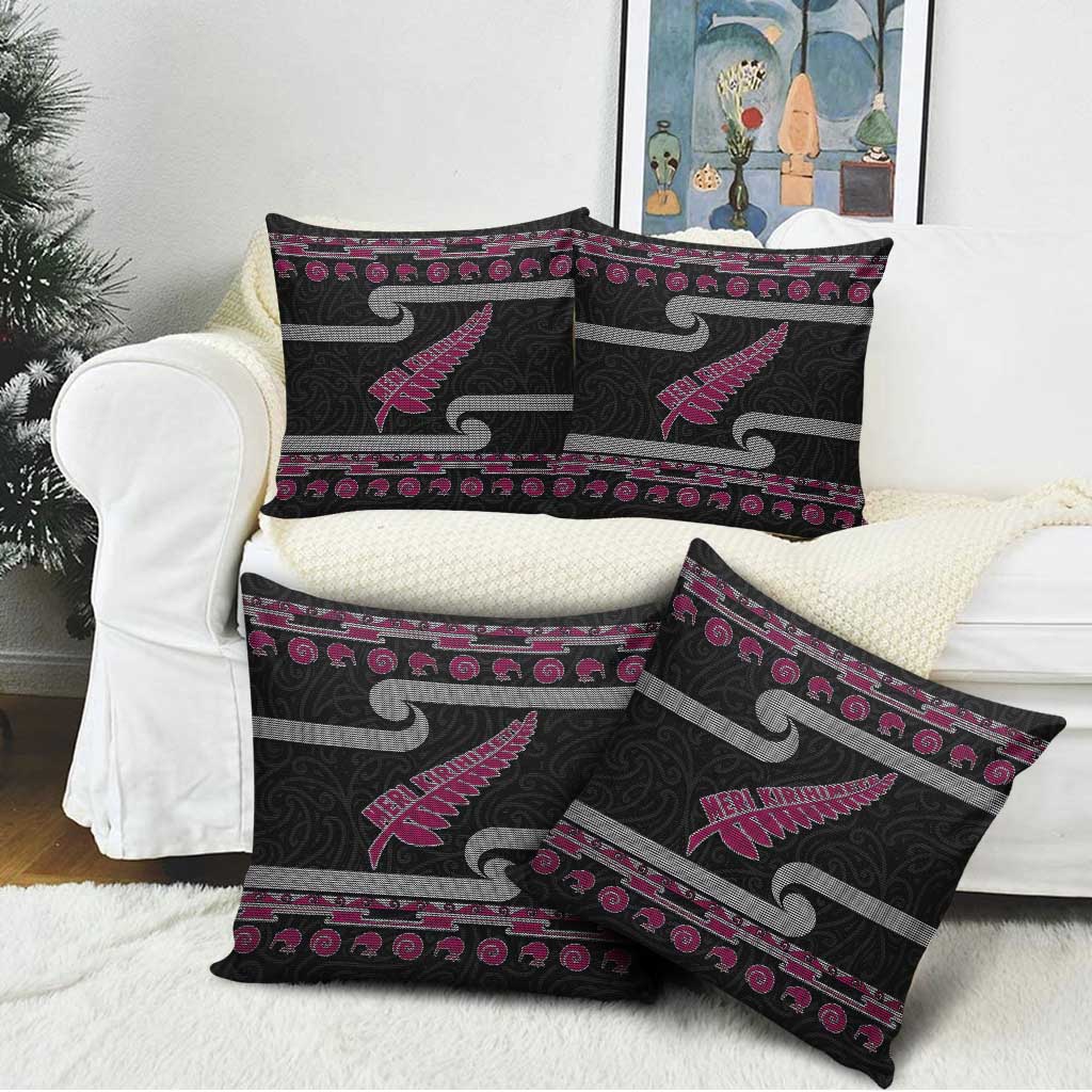New Zealand Christmas Pillow Cover Meri Kirihimete Silver Fern Knit Style Pink Color - Polynesian Pride