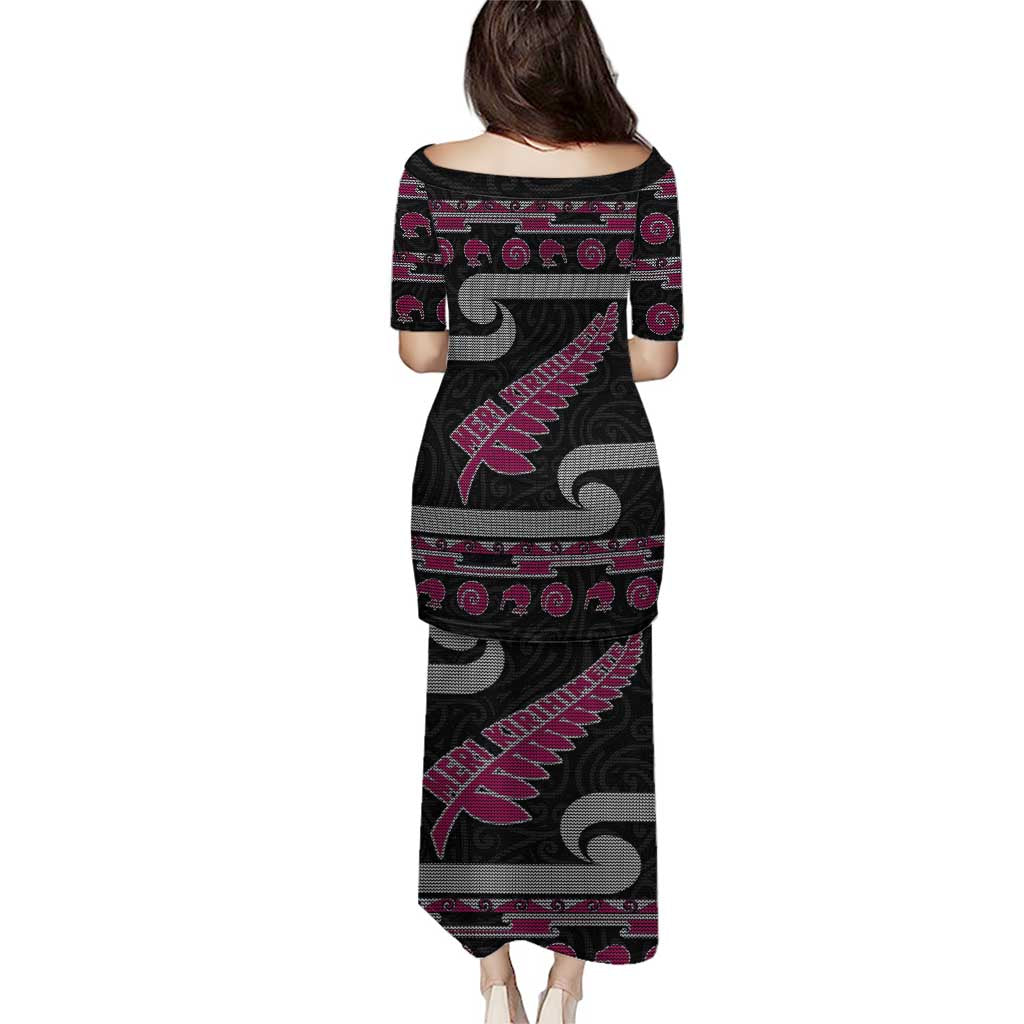 New Zealand Christmas Puletasi Meri Kirihimete Silver Fern Knit Style Pink Color - Polynesian Pride