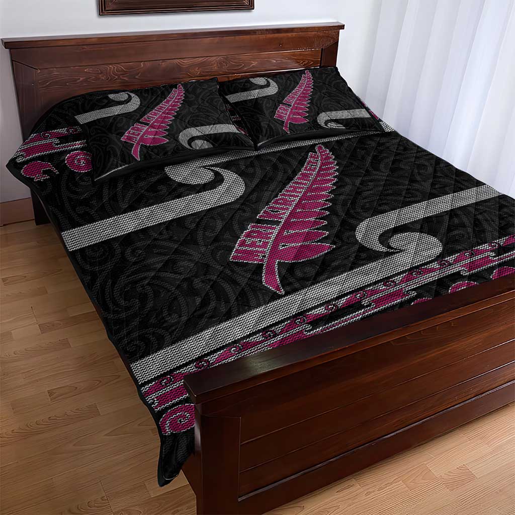New Zealand Christmas Quilt Bed Set Meri Kirihimete Silver Fern Knit Style Pink Color - Polynesian Pride