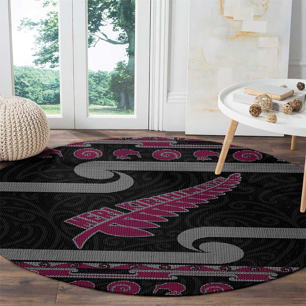 New Zealand Christmas Round Carpet Meri Kirihimete Silver Fern Knit Style Pink Color - Polynesian Pride