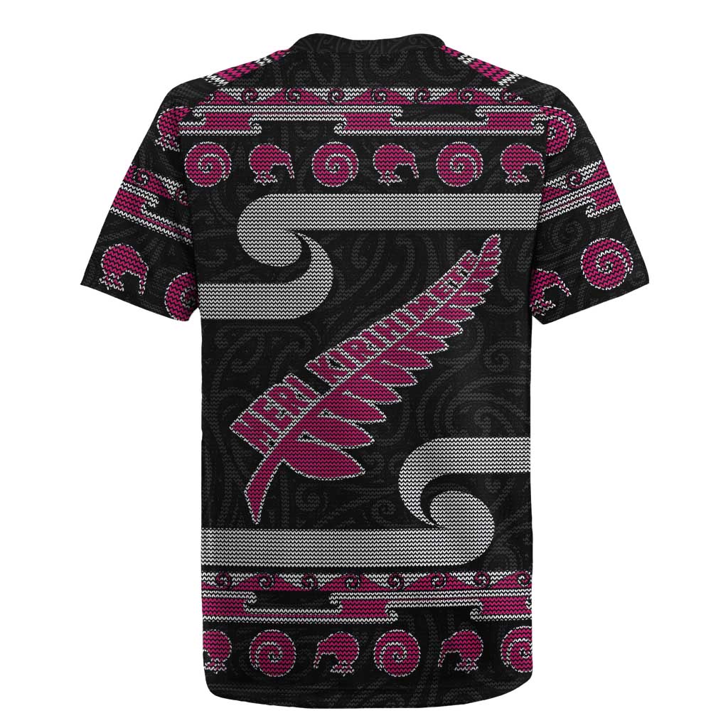 New Zealand Christmas Rugby Jersey Meri Kirihimete Silver Fern Knit Style Pink Color - Polynesian Pride