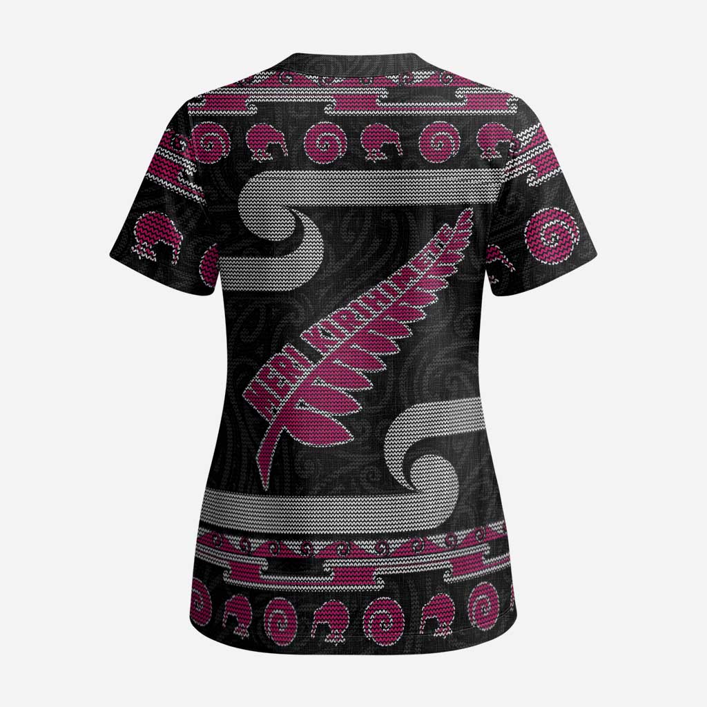 New Zealand Christmas Scrub Top Meri Kirihimete Silver Fern Knit Style Pink Color - Polynesian Pride