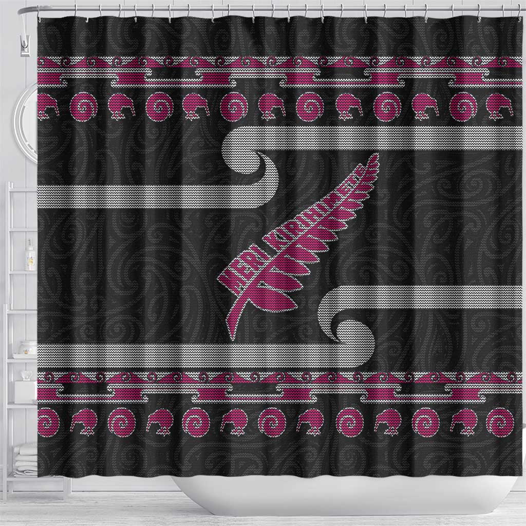 New Zealand Christmas Shower Curtain Meri Kirihimete Silver Fern Knit Style Pink Color - Polynesian Pride
