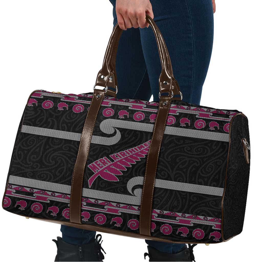 New Zealand Christmas Travel Bag Meri Kirihimete Silver Fern Knit Style Pink Color - Polynesian Pride