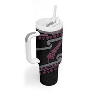 New Zealand Christmas Tumbler With Handle Meri Kirihimete Silver Fern Knit Style Pink Color - Polynesian Pride
